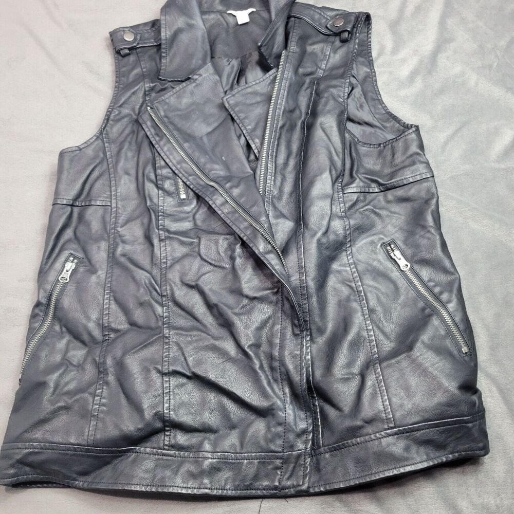 Womens Black Faux Leather Moto Vest By Cato With Zipper Pockets & Snap Collar Si - Picture 9 of 16
